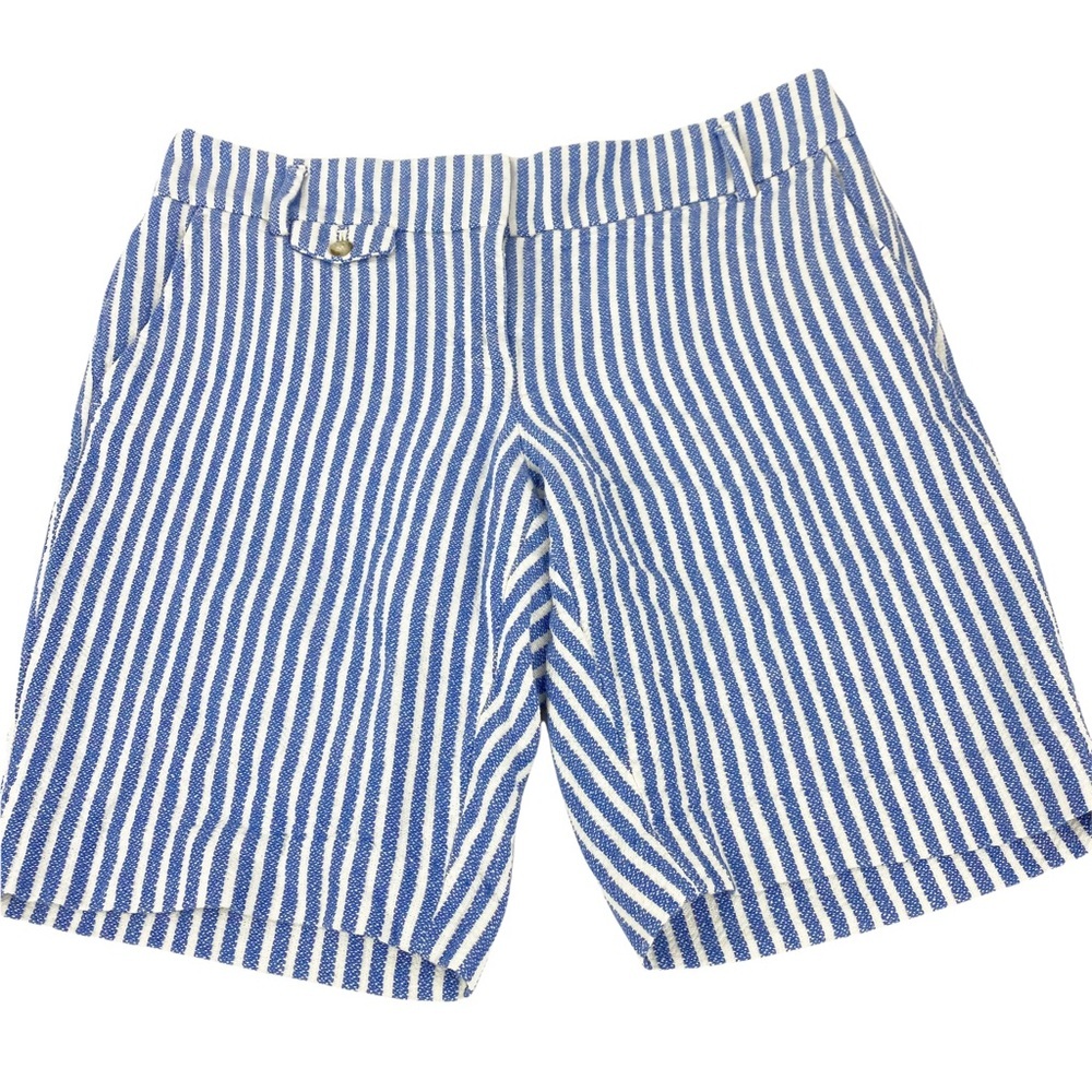 Ann Taylor LOFT Linen Bermuda Seersucker Blue White Striped Shorts 4
